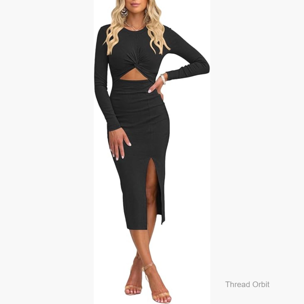 Long Sleeve Bodycon Midi Dress With Cutout Twist Front Side Slit